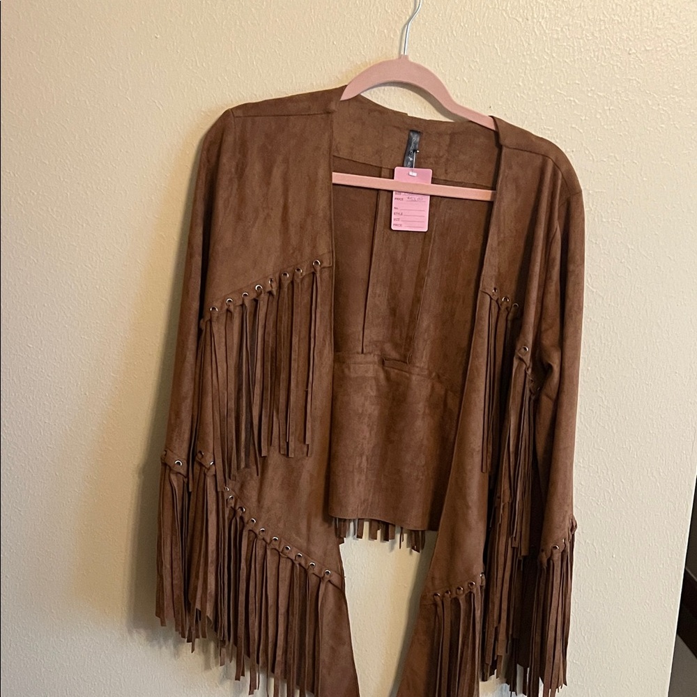 Brown Fringe Open-Front Jacket